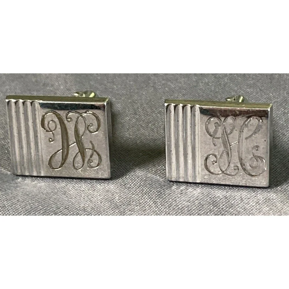 Cuff Links Silver Stamped Monogrammed “H” Vintage Mid-20th Century Design